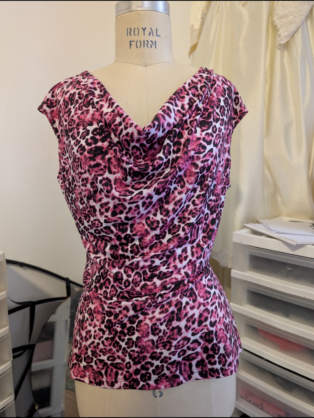 paper tee Pink and Black Leopard Print Cowl Neck Top
